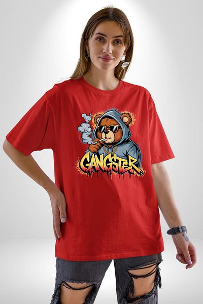 Angemiel  Bear Hoodie Hooded Bear Teddy Red Oversize Women Men Front Printed T-Shirt