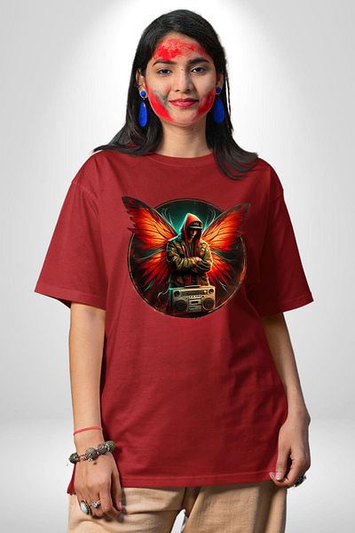 Angemiel Music and Wings New Generation Design Red Oversize Women's Men's Front Printed T-Shirt