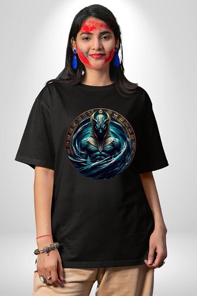 Angemiel Nu Kaos and the Primordial Water God Egypt Black Oversized Unisex Front Printed T-Shirt
