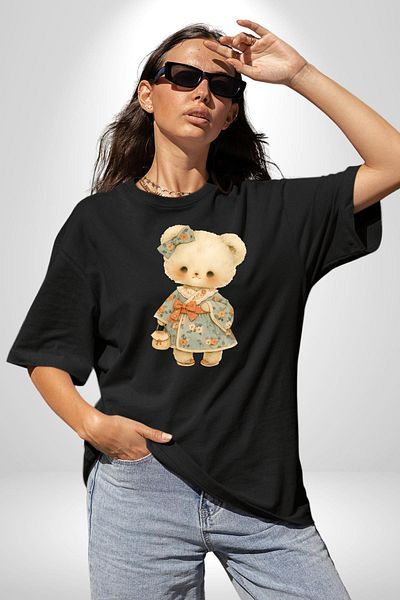 Angemiel Teddy Bear in Floral Patterned Dress Black Oversize Women's Men's Front Printed T-Shirt