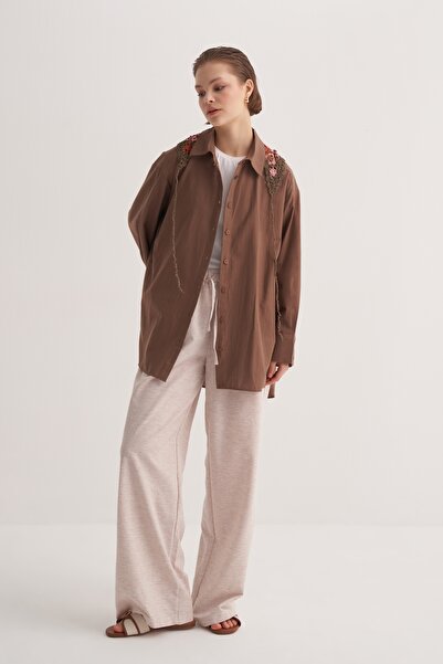 EBU Prive Γυναικείο πουκάμισο από οργανικό βαμβάκι oversized ρόμπες καφέ