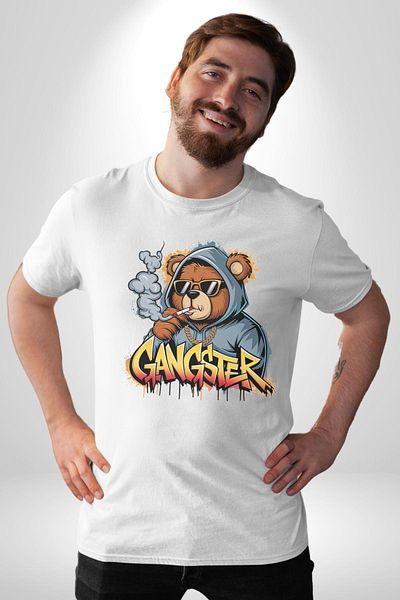 Angemiel تي شيرت Gangster Bear Hoodie Bear Teddy أبيض كبير الحجم للنساء والرجال مطبوع من الأمام