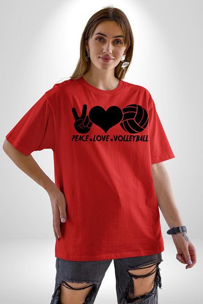 Angemiel Peace Love Volleyball Red Oversize Women's Men's Front Printed T-Shirt