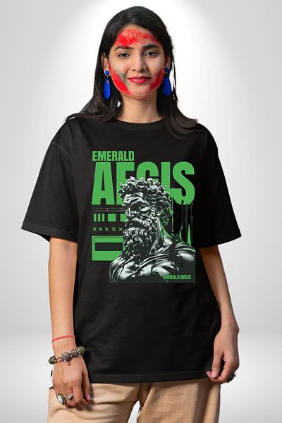 Angemiel Warrior Spirit Legendary Power Emerald Black Oversize Women's Men's Front Printed T-Shirt