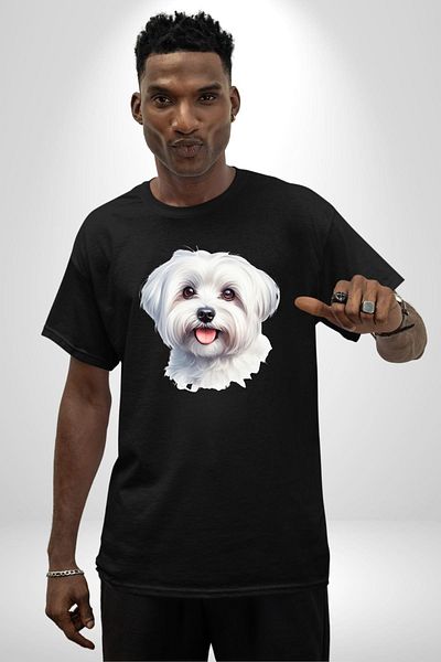 Angemiel Cute Maltese Dog Design Black Oversize Women's Men's Front Printed T-Shirt