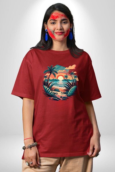 Angemiel Tropical Beach Sunset Themed Red Oversize Women's Men's Front Printed T-Shirt
