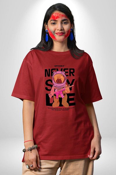 Angemiel Never Say Impossible Bear and Astronaut Red Oversize Women Men Front Printed T-Shirt
