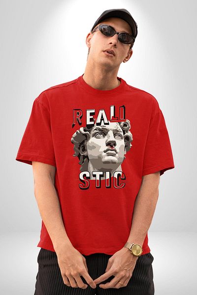 Angemiel Michelangelo David Statue Realistic Written Red Oversize Women's Men's Front Printed T-Shirt