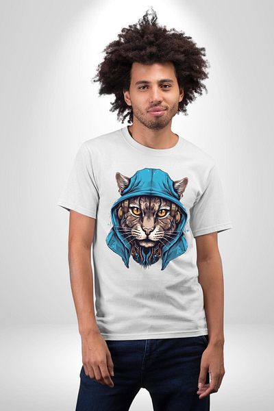 Angemiel Cyber ​​Cat Digital Tiger Eye White Oversize Women's Men's Front Printed T-Shirt