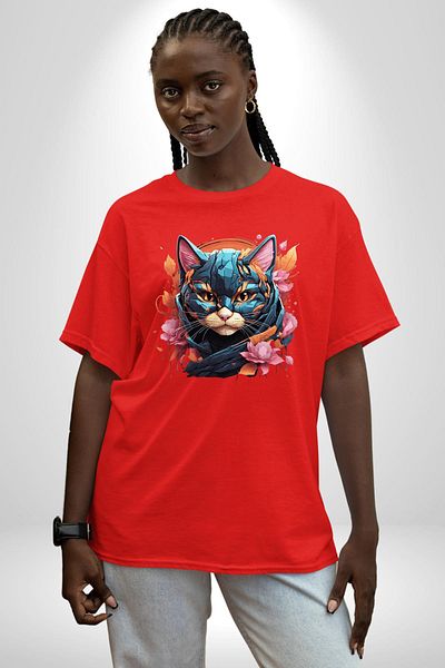 Angemiel Robotic Cat Cyberpunk Cyber ​​Cat Red Oversize Women's Men's Front Printed T-Shirt