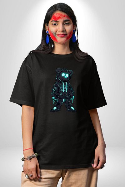 Angemiel Blue Neon Light Detailed Street Fashion Teddy Bear Black Oversize Women's Men's Front Printed T-Shirt