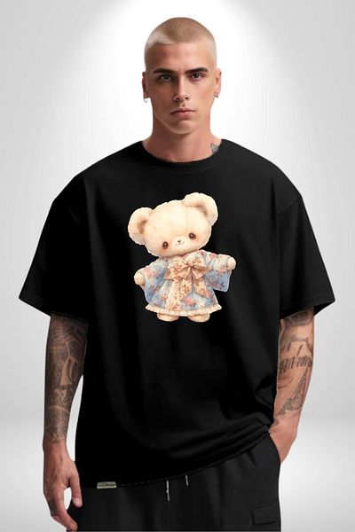Angemiel Black Oversize Women's Men's Front Printed T-Shirt with Cute Teddy Bear Figure