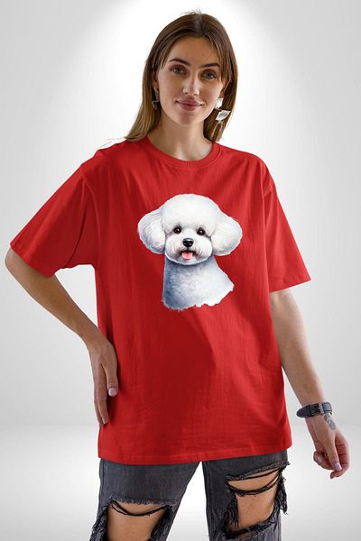 Angemiel Bichon Frise Red Sweet Small Breed Dog Red Oversize Women's Men's Front Printed T-Shirt