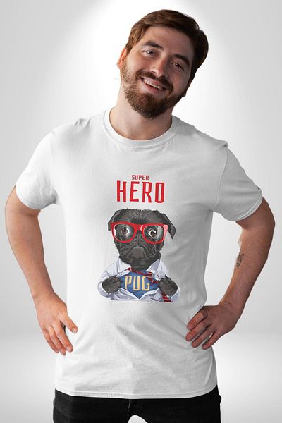 Angemiel تي شيرت Super Pug Hero Dog أبيض كبير الحجم للنساء والرجال مطبوع من الأمام