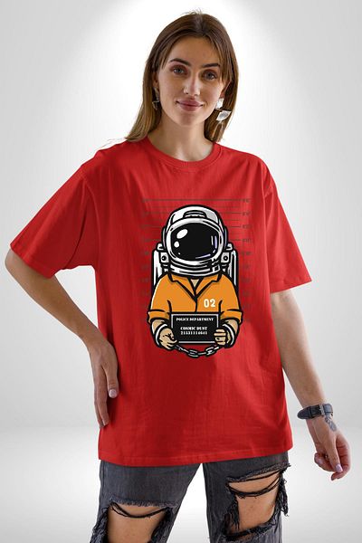 Angemiel Space Police Astronaut Red Oversize Women's Men's Front Printed T-Shirt