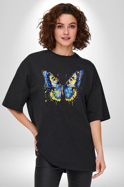 Angemiel Colorful Butterfly Floral Energy Black Oversize Women's Men's Front Printed T-Shirt