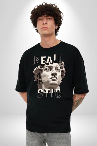 Angemiel Michelangelo David Statue Realistic Written Black Oversize Women's Men's Front Printed T-Shirt