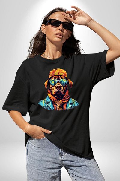 Angemiel Cool Dog with Orange Bandana Black Oversize Women's Men's Front Printed T-Shirt