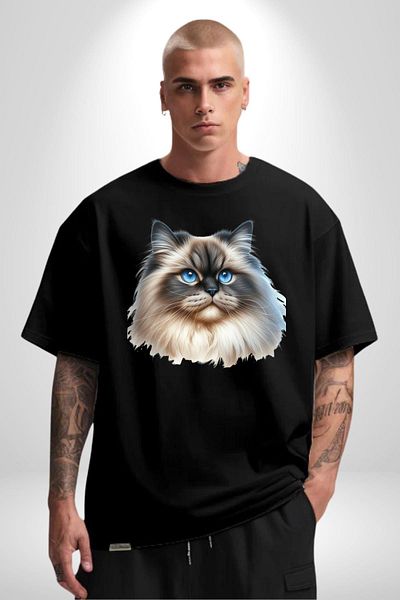 Angemiel Himalayan Cat Black Oversize Women's Men's Front Printed T-Shirt