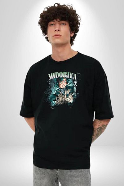Angemiel My Hero Academia Midoriya Izuku Anime Black Oversize Women's Men's Front Printed T-Shirt