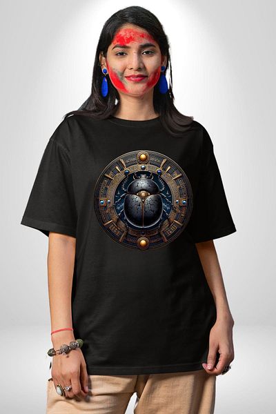 Angemiel Khepri Rebirth, Morning Sun God Egyptian Black Oversize Women's Men's Front Printed T-Shirt
