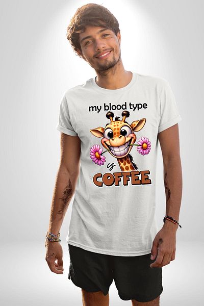 Angemiel تي شيرت Coffee Passion Love Giraffe Flower أبيض كبير الحجم للنساء والرجال مطبوع من الأمام