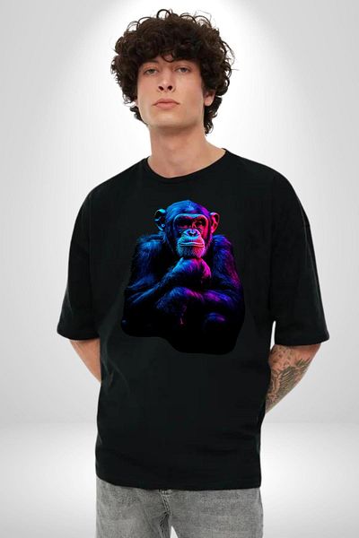 Angemiel Monkey Black Oversize Women's Men's Front Printed T-Shirt with Light Effects