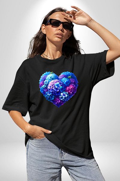 Angemiel Hollyhock Flower Design Black Oversize Women's Men's Front Printed T-Shirt