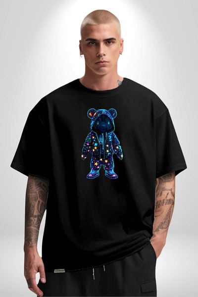 Angemiel Neon Lighted Teddy Bear Adding Color to the Night Black Oversize Women's Men's Front Printed T-Shirt