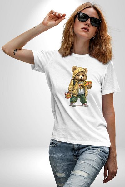 Angemiel Taco and Burger Fast Food Themed Teddy Bear White Oversize Women's Men's Front Printed T-Shirt
