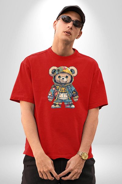 Angemiel Cute Hip-Hop Graffiti Bear Red Oversize Women's Men's Front Printed T-Shirt
