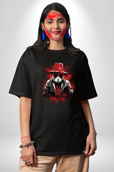 Angemiel Red Hat Rebel Rabbit Black Oversize Women's Men's Front Printed T-Shirt