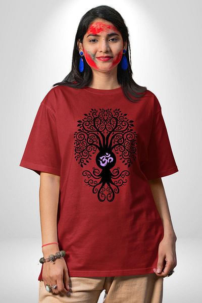 Angemiel Om Symbol and Tree of Life Yoga Red Oversize Women's Men's Front Printed T-Shirt