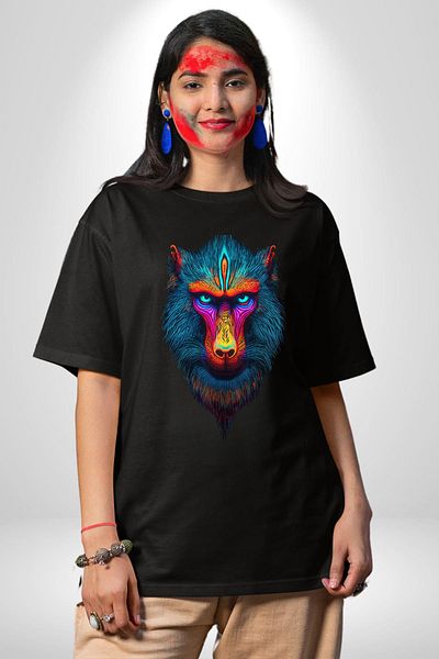 Angemiel Colorful Mandrill Monkey Black Oversize Women's Men's Front Printed T-Shirt