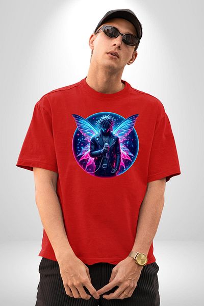 Angemiel Rapper with Microphone Hip Hop Blue-Pink Wings Red Oversize Women Men Front Printed T-Shirt