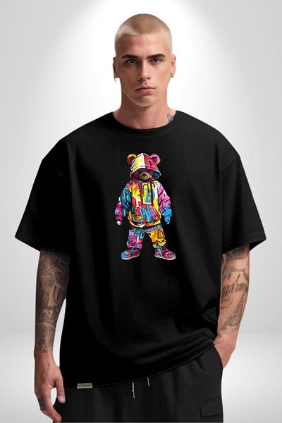 Angemiel Color Splash Urban Vibes Teddy Black Oversize Women's Men's Front Printed T-Shirt