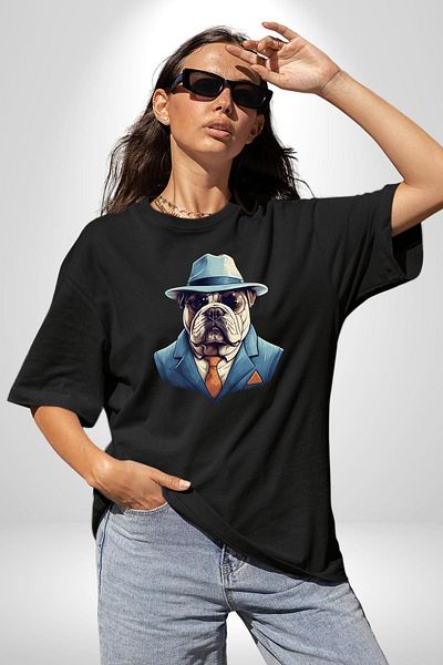 Angemiel City Gentleman  Bulldog Black Oversize Women's Men's Front Printed T-Shirt