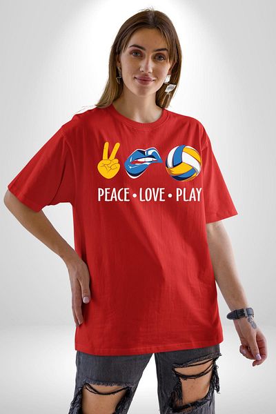 Angemiel Peace Love Play Volleyball Written Red Oversize Women's Men's Front Printed T-Shirt