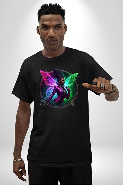 Angemiel Music Black Oversize Women Men Front Printed T-Shirt with Shiny Wings and Microphone