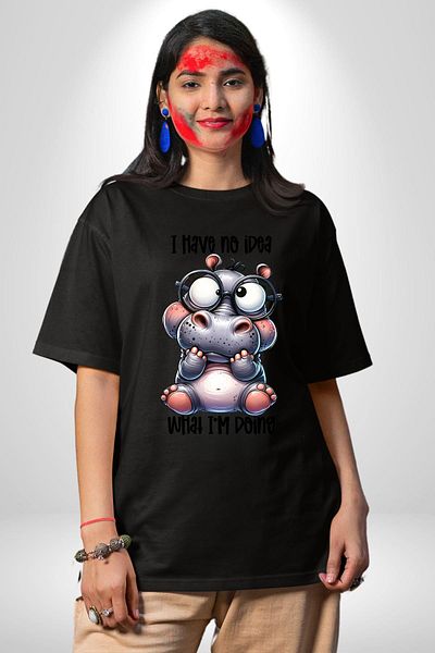 Angemiel Hippopotamus Let's Yes Written Humor Funny Design Black Oversize Women's Men's Front Printed T-Shirt