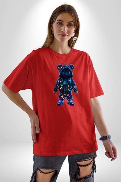 Angemiel Neon Lighted Teddy Bear Adding Color to the Night Red Oversize Women's Men's Front Printed T-Shirt