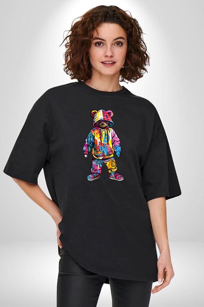 Angemiel Color Splash Urban Vibes Teddy Black Oversize Women's Men's Front Printed T-Shirt