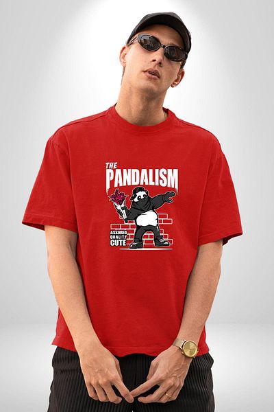 Angemiel Panda Art Vandalism Flower Throwing Bear Red Oversize Women Men Front Printed T-Shirt