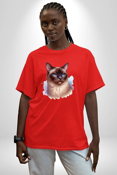 Angemiel تي شيرت مطبوع من الأمام للنساء والرجال باللون الأحمر من Siamese Cat
