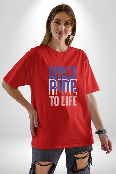 Angemiel Born to Ride Printed for Motorcycle Lovers Red Oversize Women Men Front Printed T-Shirt