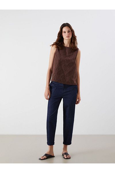 LC Waikiki Brown Crew Neck Embroidered Blouse