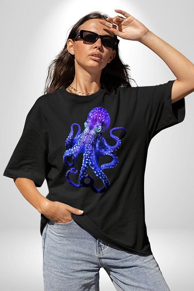 Angemiel Blue Octopus Ocean Themed Black Oversize Women's Men's Front Printed T-Shirt