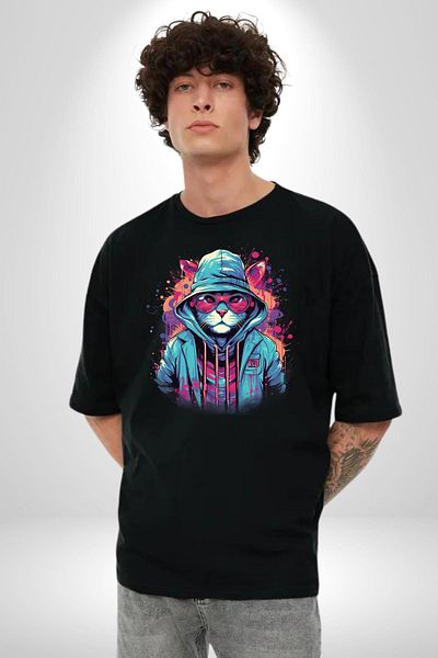 Angemiel Cool Graffiti Art Cat Themed Black Oversize Women's Men's Front Printed T-Shirt
