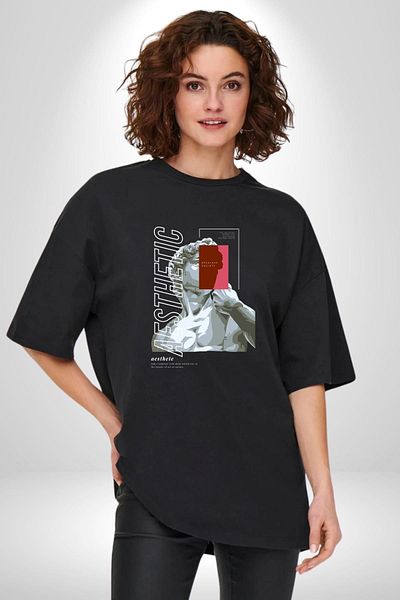 Angemiel Aesthetic Printed Art and Modern Design Black Oversize Women's Men's Front Printed T-Shirt