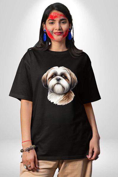 Angemiel Cheerful Shih Tzu Small Breed Dog Friendly Black Oversize Women's Men's Front Printed T-Shirt
